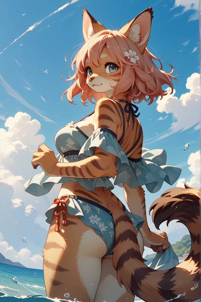 masterpiece, top quality, best quality, super high resolution, detailed background(highly detailed beautiful face and eyes)absurdres, perfect anatomy(cute 1girl, single:1.4, kemono, solo focus, female)lake, volumetric lighting, Clothes transparent crotch, Half-undressed, Wet clothes, Sheer clothing, Very sheer, Water droplets, See-through, Bra flipping, Polori, Lower breasts, Embarrassing, Show off, Cleavage(furry anthro:1.7)(Furry body, tiger facial features, tiger body features)(very detailed body fur)full body,