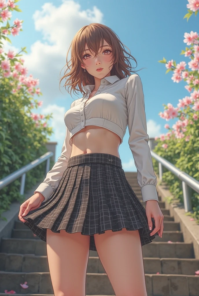 (((There is one girl:1.5))),Waifu E-girl, Cat Ears, Cat Tail, ((Glowing-Pink-Eyes)),(((A tall high school girl with a model figure))),Perfect proportions,(Standing facing this),Full body photography,(wide thighs, Very long legs),Fleshy,Mid-chest,(((Cleavage))),Breast enlargement,swelling of the nipples,Unbutton your shirt,Loafer Asterpiece on the ground:1.3),((8k, Photorealistic:1.4)),((Surreal,RAW Photos, highest quality: 1.4)),((Ultra high definition,Super detailed)), Beautiful Face,((Realistic face),(Brown's shortcuts:1.3)),Short Hair,Disheveled Hair,Fluffy hair,Detailed eyes,Realistic beautiful skin,Golden Ratio,Super cute,Open your mouth a little,smile,High school girl in summer clothes,White shirt,Sweaty,Wetty,(Wet shirt),See-through shirt,Light clothing,Surreal school girl,pleated micro mini skirt,Checkered micro mini skirt,Pleated miniskirt with tartan check,((I can see your panties!!)),pantyhose,(Black Stockings),((Knee-high stockings)),loafers,Esbian all over,High school girl wearing JK uniform,Sexy pose,Anatomically accurate body,Precisely drawn fingers,