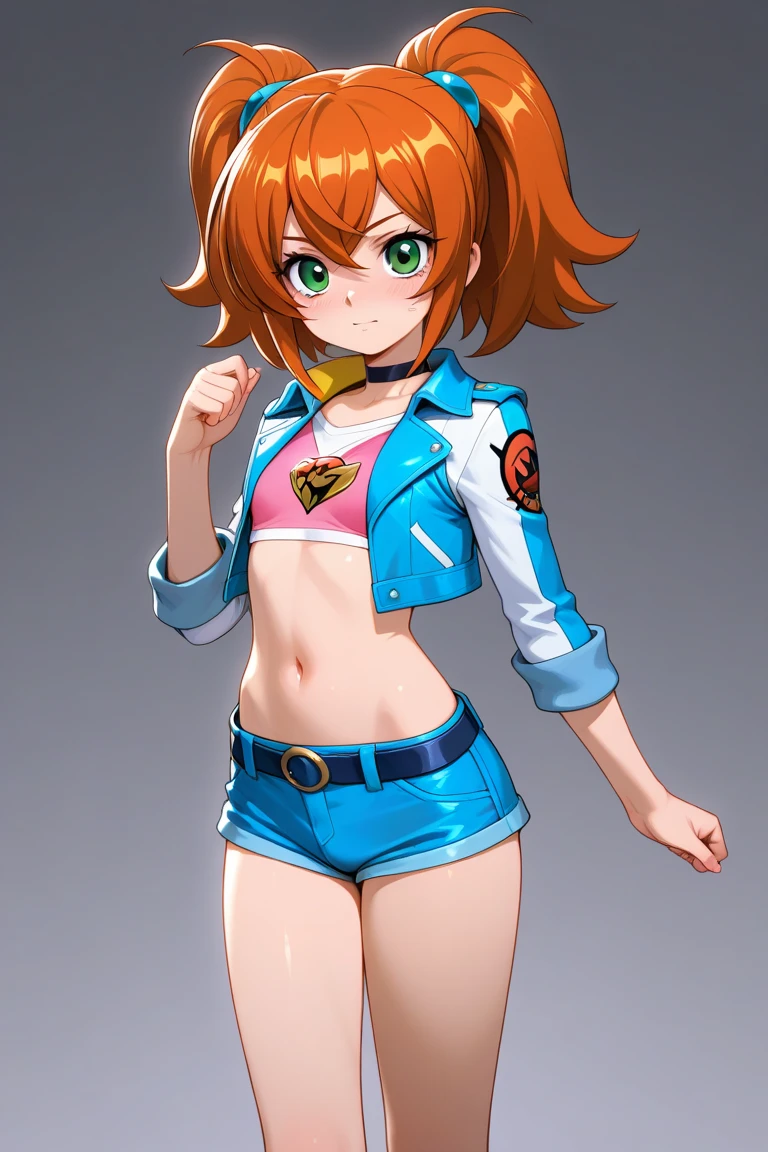 ((masterpiece)), ((cinematic lighting)), realistic photo、Real Images、Top image quality、1girl in, Misty from Pokemon (orange hair in one pony-tail, bright blue eyes), wearing skimpy racequeen rq uniform, crop top, (exposed midriff), underboob, Elegant, masterpiece, slim arms, slim hips, bare thighs, thigh gaps, Best Quality, absurderes, high face detail, Perfect eyes, anime style, Cowboy Shot, , Vibrant colors, soft pink uniform, short miniskirt, thigh high white stockings