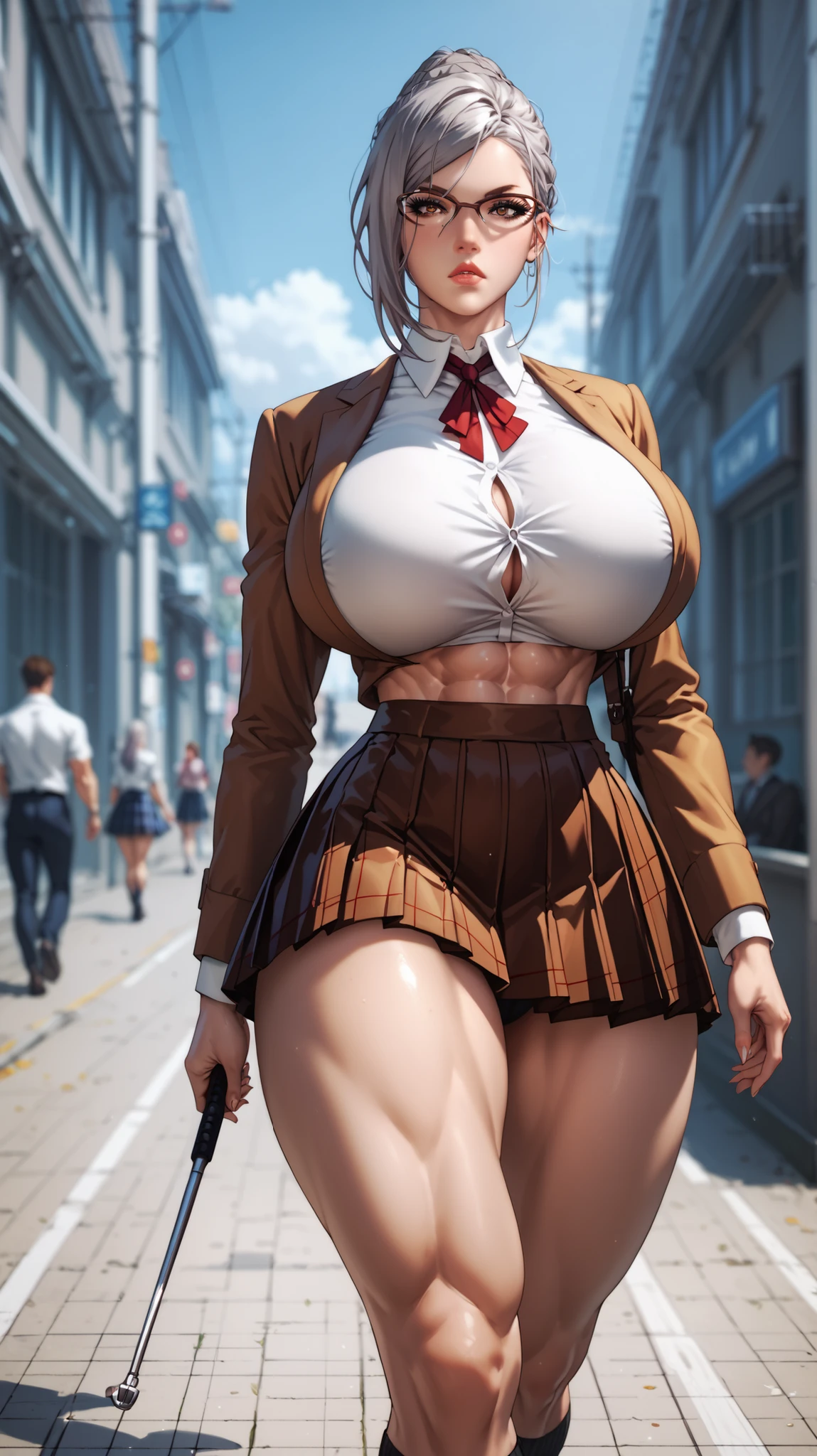 A woman with very long gray hair, bright brown eyes, thick thighs, huge breasts, muscular build and is mid-stride, walking confidently along a rofftop whilst holding a riding crop. Her tight school uniform clings tightly to her toned and muscular frame.