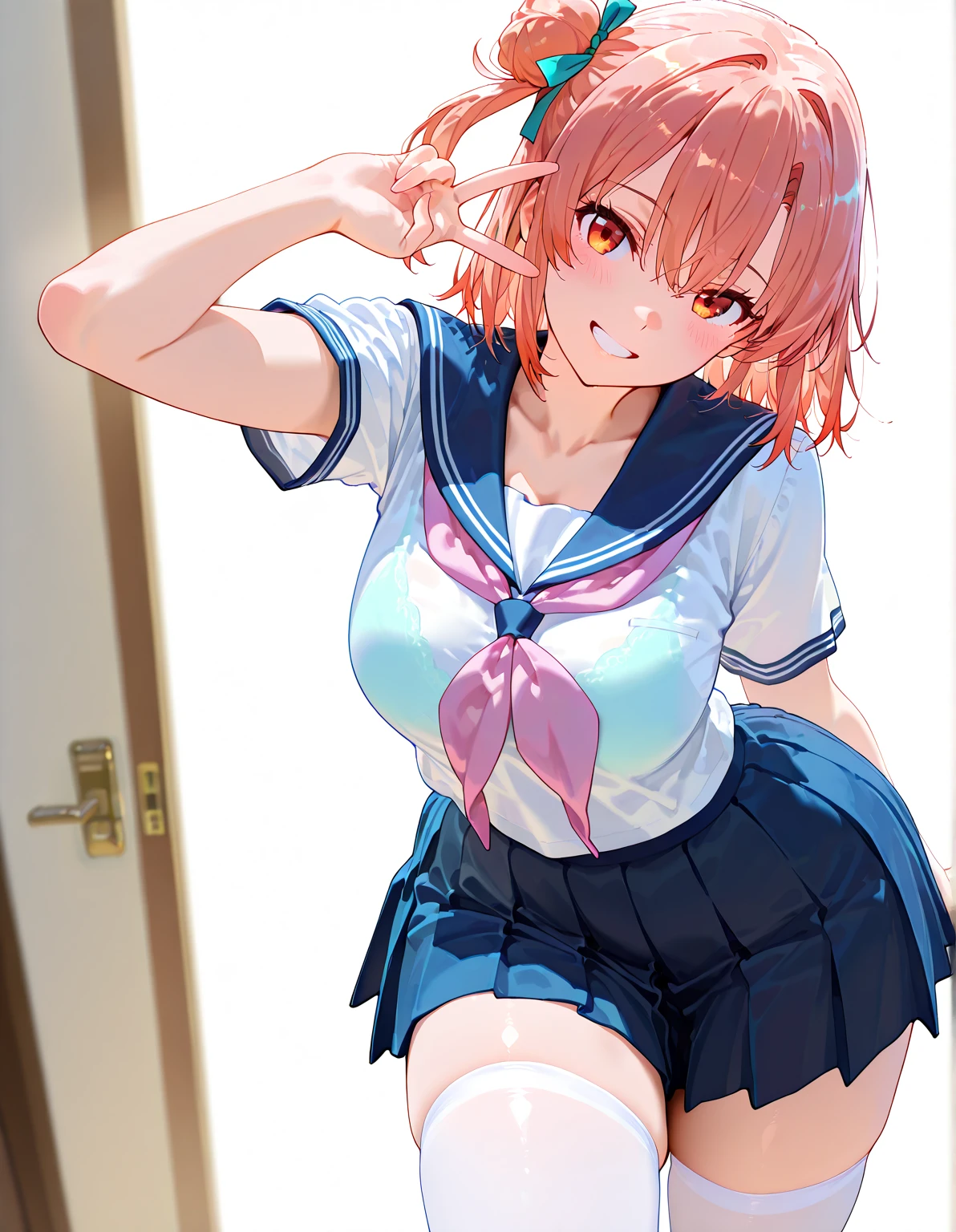 ((masutepiece, Best Quality, hight resolution, nffsw, Perfect Pixel, depth of fields, 4K, )), 1girl in, Solo, , Beautiful anime girl, Beautiful Art Style, close up, Looking at Viewer, Perfect body, Yuigahama Yui, Short hair, pink hair, hairbun, (large boob), smiling, see through sailor outfit, breasts, nipples, hands on hips, blank white background, cowboy shot
