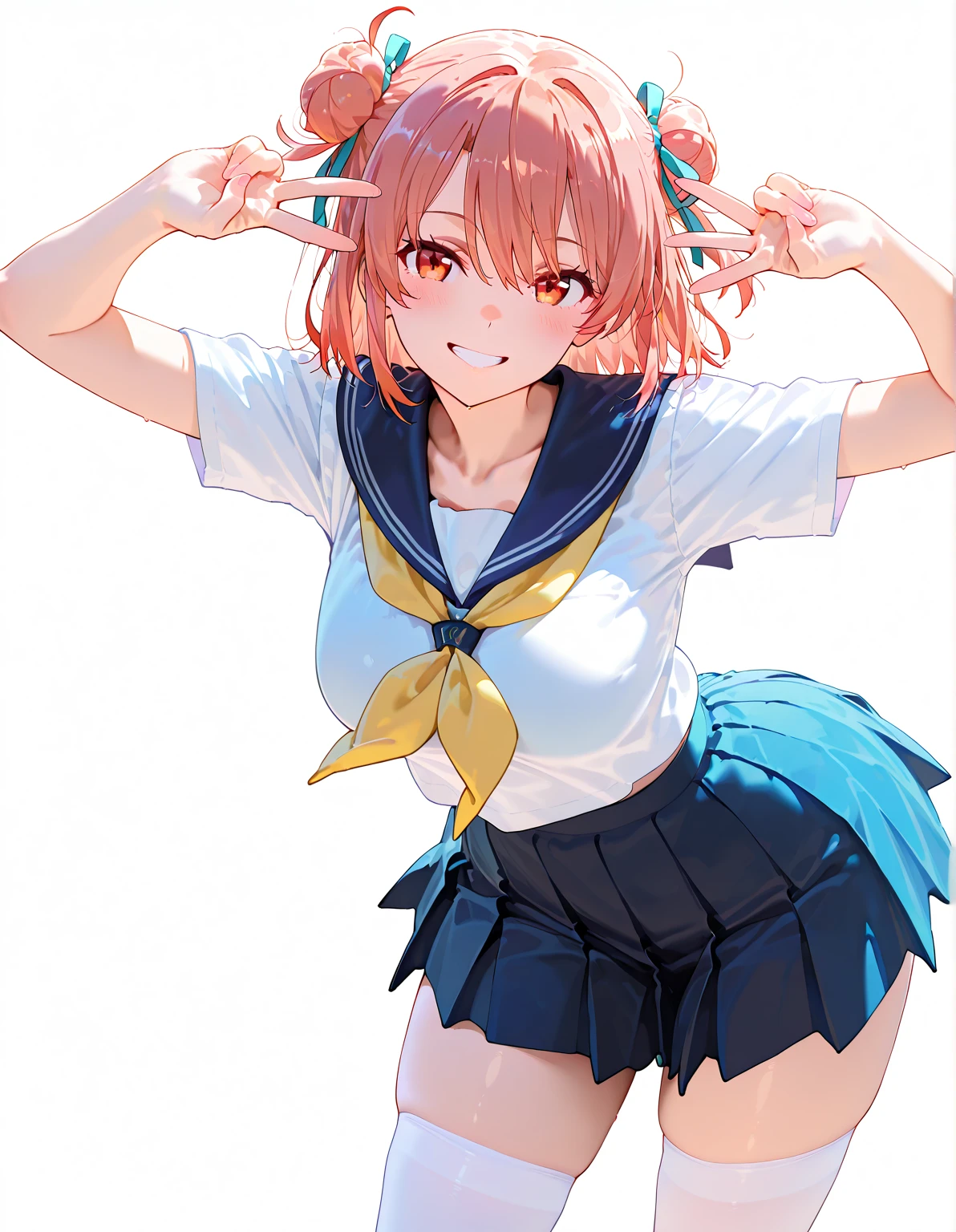 ((masutepiece, Best Quality, hight resolution, nffsw, Perfect Pixel, depth of fields, 4K, )), 1girl in, Solo, , Beautiful anime girl, Beautiful Art Style, close up, Looking at Viewer, Perfect body, Yuigahama Yui, Short hair, pink hair, hairbun, (large boob), smiling, see through sailor outfit, hands on hips, blank white background, cowboy shot