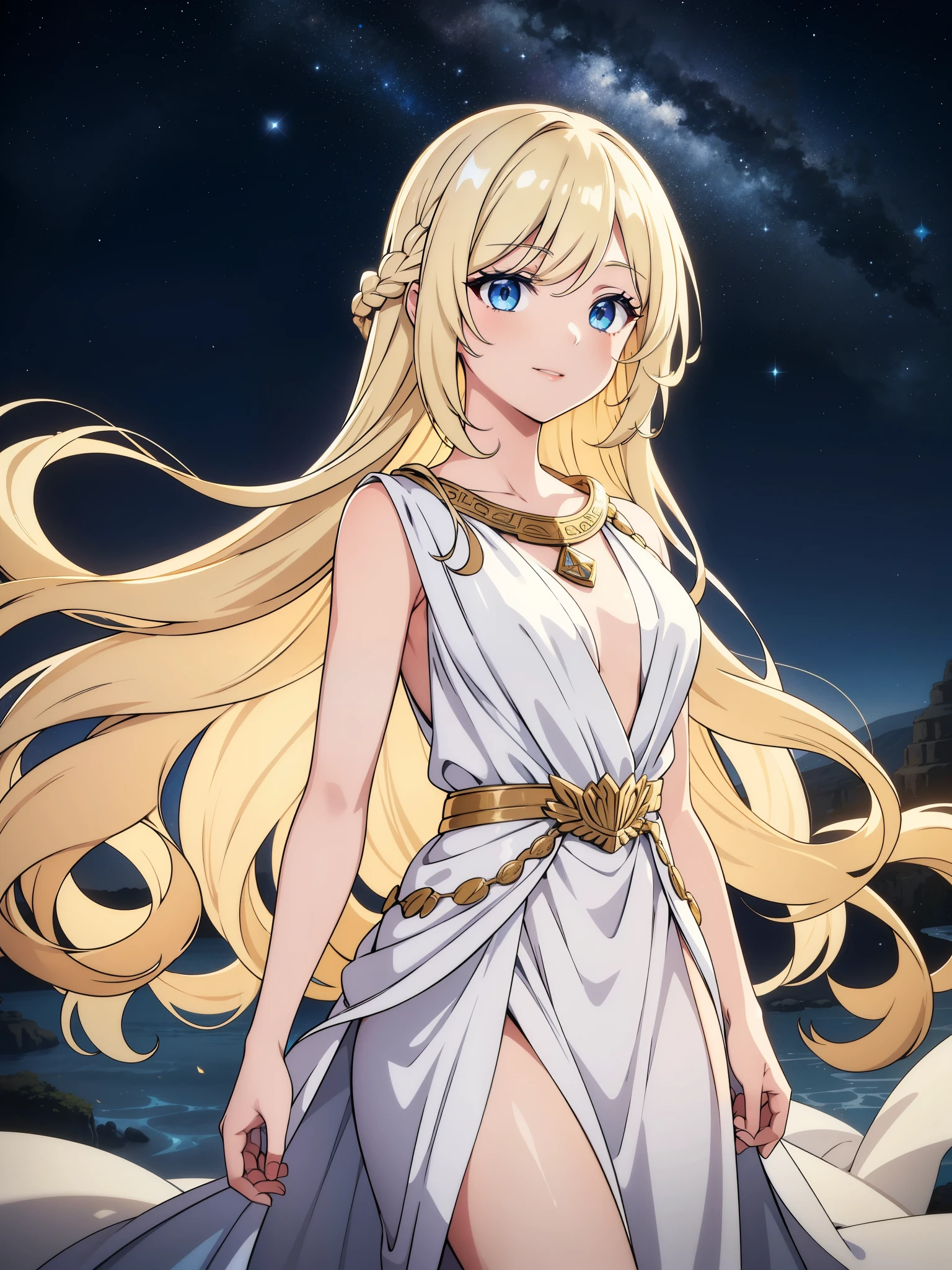 (high-quality, breathtaking),(expressive eyes, perfect face) portrait, 1girl, female, solo, adult woman, Symmetrical Eyes, ager, blonde hair, space in hair, light blue eyes, long hair length, soft wavy flowy hair, gentle smile, loose hair, side bangs, looking at viewer, portrait, happy expression, hair like smoke, starry night in hair, white skin, soft red lips, elegant, regal, hair with scenary, greek clothes, floating hair, luminous hair, glowing hair, cowboy shot, medium full shot, ancient greek clothes, sandals, accessories, goddess of dreams, olympian greek goddess, liquid hair, long bioluminescent dress, bubbles