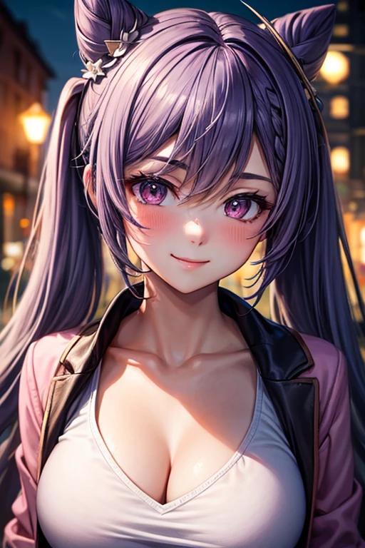 (Best Quality,High resolution,8K,finelity detailed background,Masterpiece:1.2),beautiful girl,Shiny purple hair,pony tail,Beautiful purple eyes,Gentle look,A refreshing look,Best quality,Best Quality,Aesthetic and aesthetic:1.2,Best details((Super detailed))(High-definition CG illustrations),yukata(Floral),Slender body,night,Fireworks display,Fireworks in the background,Fireworks,smile,blush,cute,Scrounge,Looking up,Being spoiled,super model,looking up