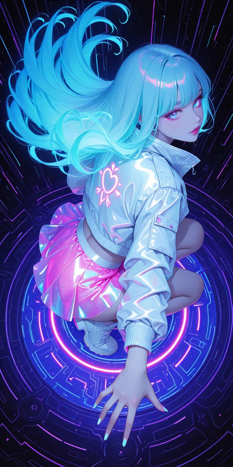 Transparent color PVC clothing, Transparent colorful vinyl Bunny girl, Prismatic, Holographic, chromatic aberration, Fashion Illustration, masterpiece, DJ Girl, View Viewer, 8k, Super detailed, Pixiv、((Colorful Hair))、Wearing headphones、((Full Body))、((Bunny girl))、((A pose that emphasizes the chest))、(((Rainbow Hair)))、((Wearing cute glasses))、((Long legs))、(((The whole body is shown)))