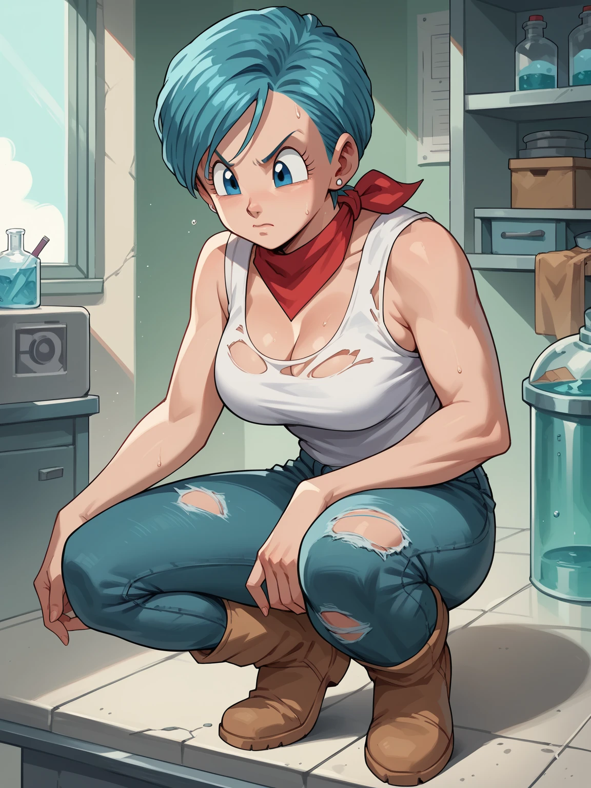 a cartoon picture of a woman with blue hair and a white bra top, (sfw) safe for work, inspired by Masamune Shirow, from overwatch, bulma from dragon ball, cushart kenz, cutesexyrobutts, breasts covered and sfw, tracer in a skintight dress, krenz cushart and artgerm