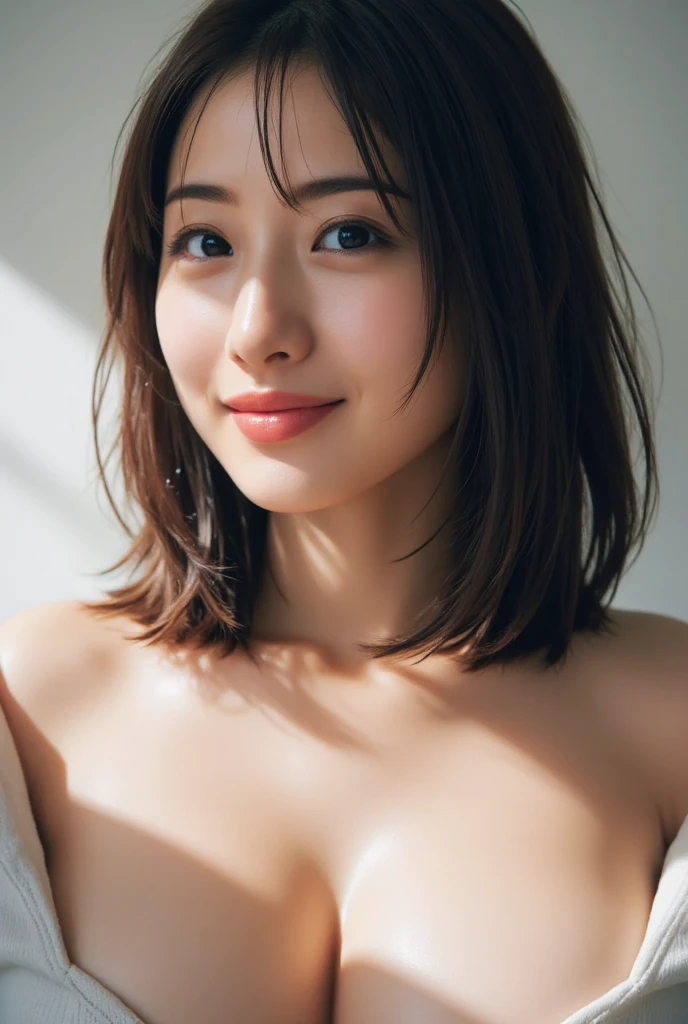Close-up of a woman posing for a photo, The most beautiful Japanese models, 25-year-old female model, 4K、bangs、Black-haired,(topless:1.8,Dark blue pleated skirt:1.2),Upper Body, Nipples are visible:1.6,Slim and beautiful figure, sexy, Beautiful breasts, Small breasts、A delicate smile、The background is an empty park, (RAW Photos, highest quality, masterpiece, Super detailed, Ultra-high resolution, Realistic),