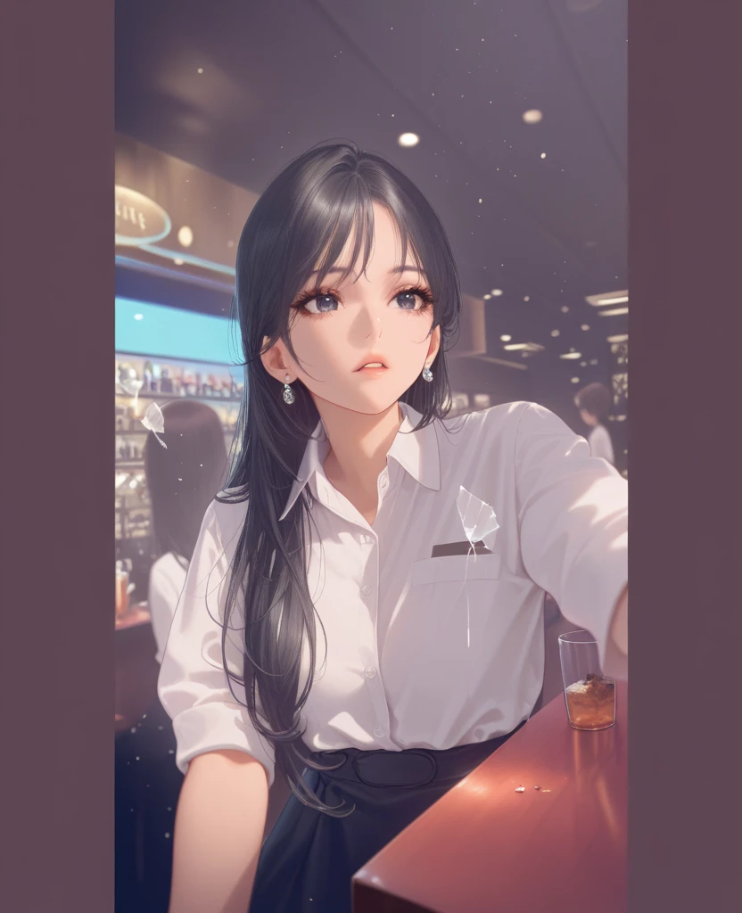 masterpiece, Best Quality, Very beautiful ,
1Girls, cafe, ผมสีดำ, long hair, very long hair, , black eyes, Bright eyes, Black eyelashes, Earrings, Dynamic angle, , looking at the audience, parted lips, Light particles, black background, alone, Broken glass, blurred background, Blurred image, Image Depth, gradient, movies, reaching, reaching the audience