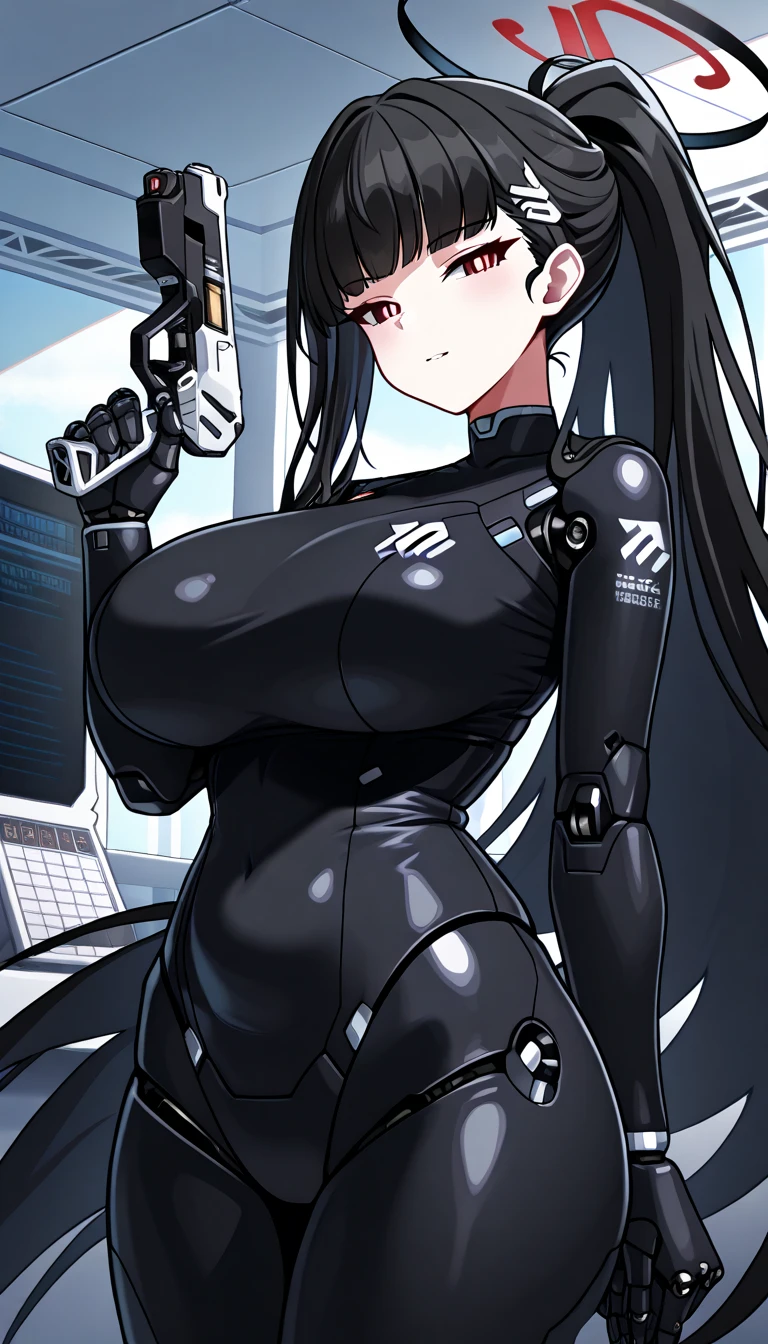 Mechanical girl,(gigantic cleavage breasts:1.2),Black bandage,Wrapped bandages all over the body,black long hair,Mechanical helmets,sandals,stand posture,Full body like,Para cobrir seu rosto,Gas masks,Black slingshot swimsuit,exposing your navel,Expose the armpits,white backgrounid,simplebackground