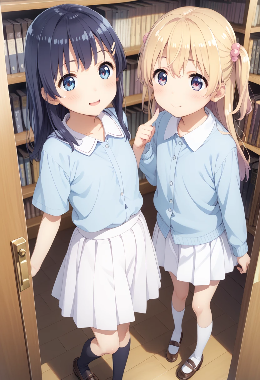 in long skirt、Steep stairs at school、Shirt clinging to no-bra 、Cute white underwear showing off a lifted skirt、Light blue color、Sweaty shirt、Cute underwear visible from under the stairs