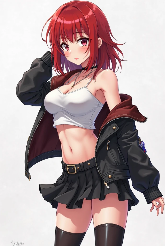 1girll, leaning back against the wall, Large breasts, Solo, White pants, White crop top, White jacket, Long hair, navel, Red eyes, cropped shoulders, choker necklace, jewelry, view the viewer, Earrings, Open clothes, Red hair, cleavage, midriff, Bare shoulders, 鎖骨, Sleeveless, standing,the street