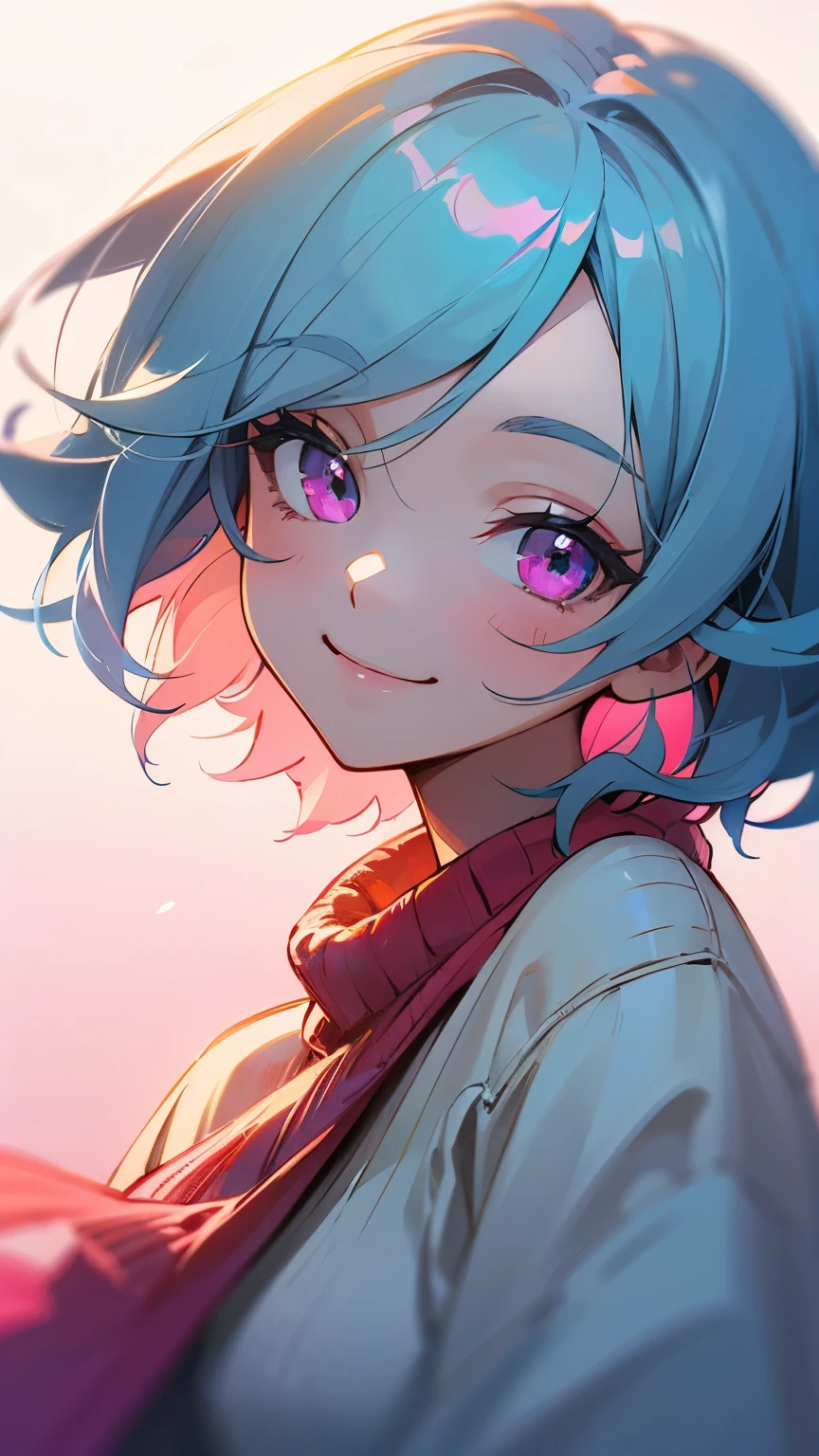 girl、light blue hair、pink eyes、smile、upper body close-up、colorful knitwear、smile、DIGITAL PAINTING、bright color、soft lighting