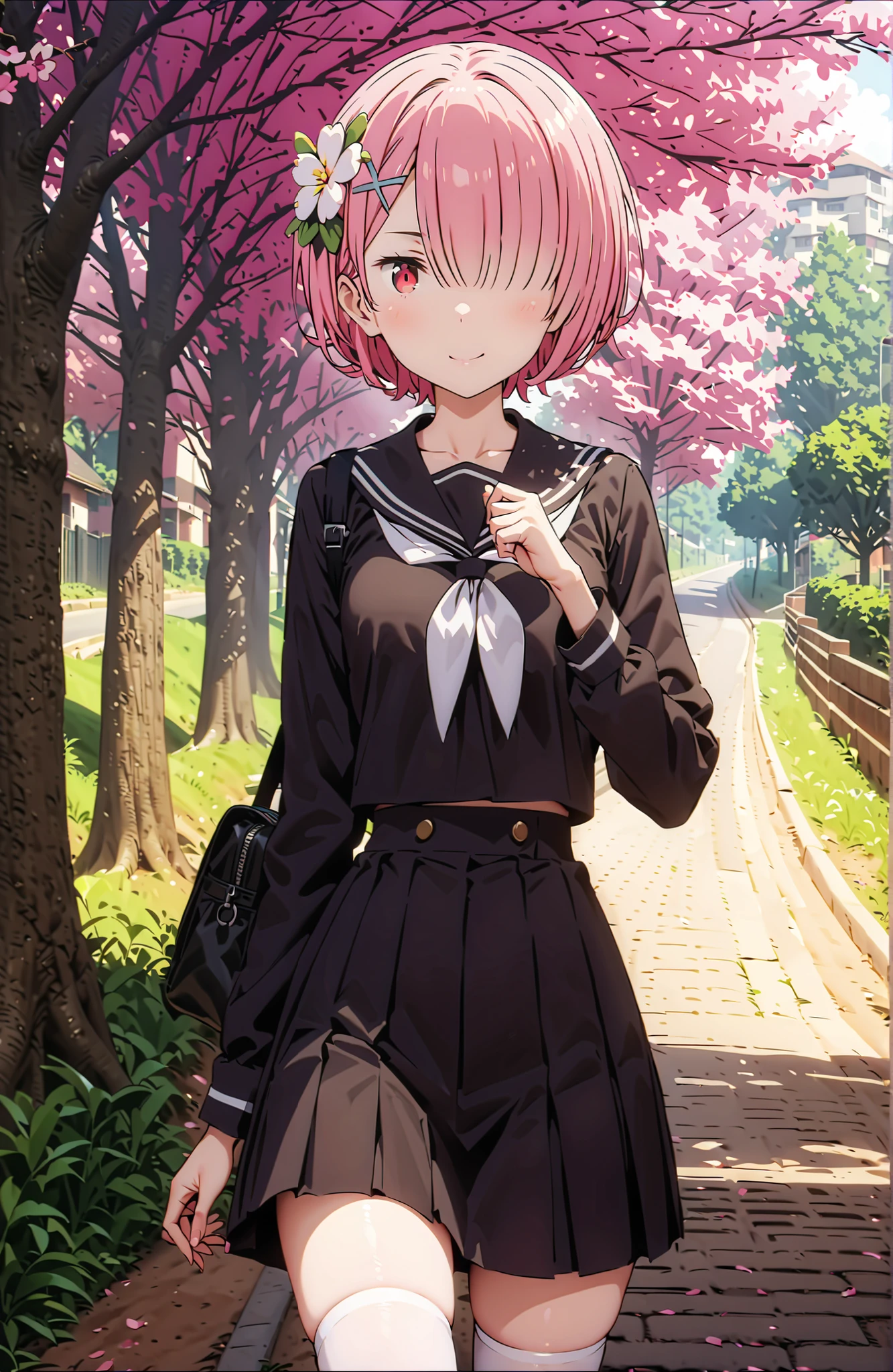score_9, score_8_up, score_7_up, source_anime,Ram, solo,hair flower, hair ornament,Hide one eye with bangs, pink hair, Red Eyes, short hair, x hair ornament,smile,blush, shut your mouth,Black Sailor Suit,long sleeve, Black Mini Pleated Skirt ,white thigh high socks,loafers,Student bag 1 :1,spring,Cherry Blossoms,walking,,as if the whole body is in the illustration,in their 40s looking at viewer,full body,
in their 40s outdoors,   residential area ,
in their 40s (masterpiece:1.2),Highest Quality ,Kampala,unity 8k 壁紙,(shape:0.8),( fine and beautiful eyes :1.6),It's a person ,full body photo,CG Details , (perfect hand in h,Complete Anatomy),