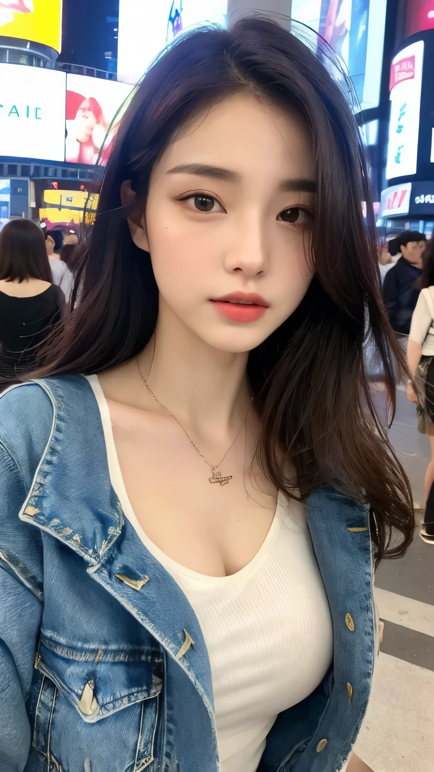 ((top-quality、8K、​masterpiece:1.3))、Beautiful Women in Perfect Figure:1.4、dark brown hair、huge tit、Exposed cleavage、Pendants、Oversized hoodies、Wearing jeans、At the festival、Highly detailed facial and skin texture、A detailed eye、二重まぶた、cafes