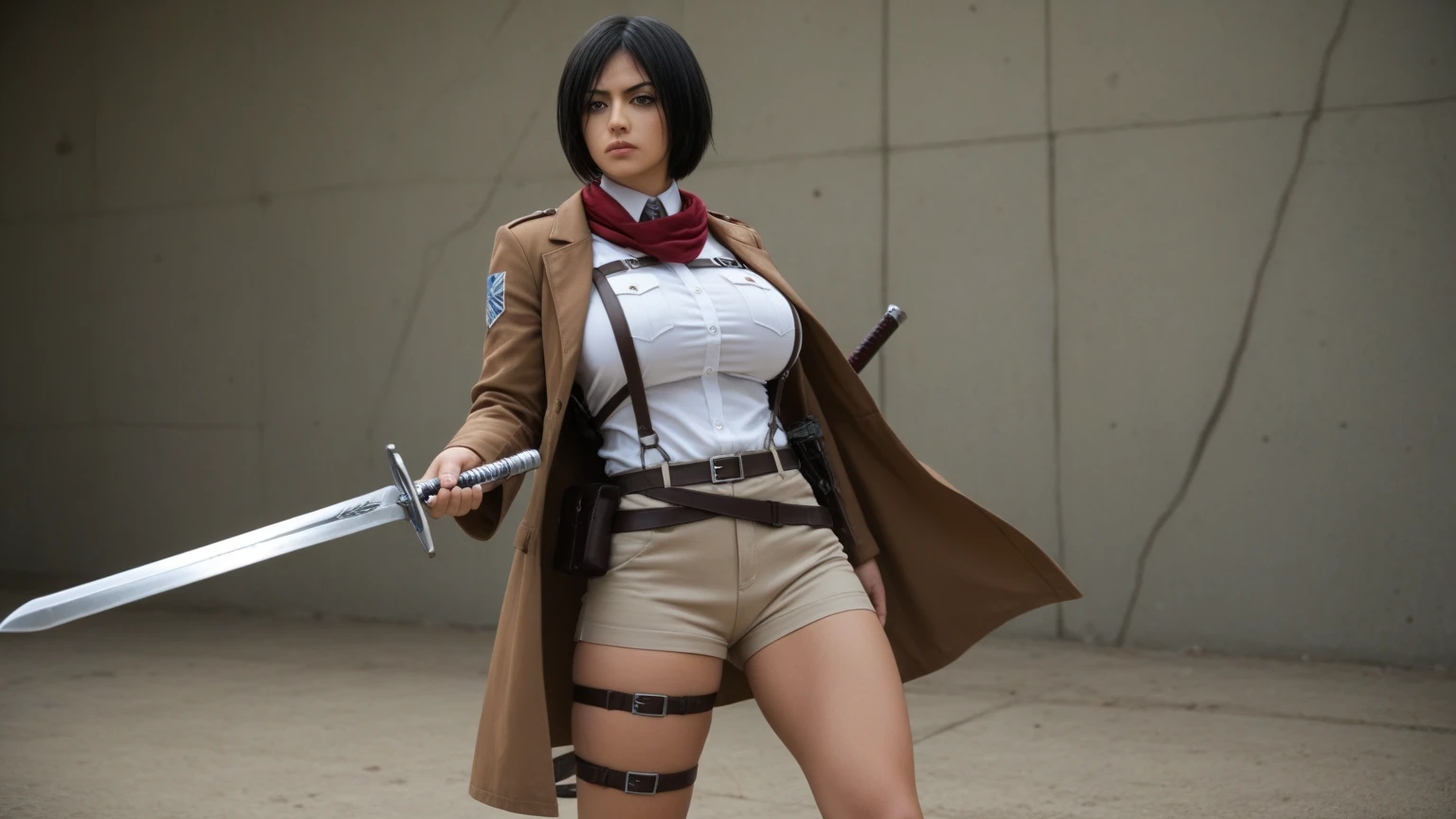 (masterpiece), best quality, expressive eyes, perfect face, solo Pieck from Attack on Titan in sexy bikini 30 year old women seductive body big breasts big thigs facing towards screen curvy body long hairs scar on chest parted lips Lockhart feminine figure body in  bikini, red beautiful expressive eyes , scar on chest, 4k backlighting smirky face full sexy body showing standing in front of wall sexy ass in bed