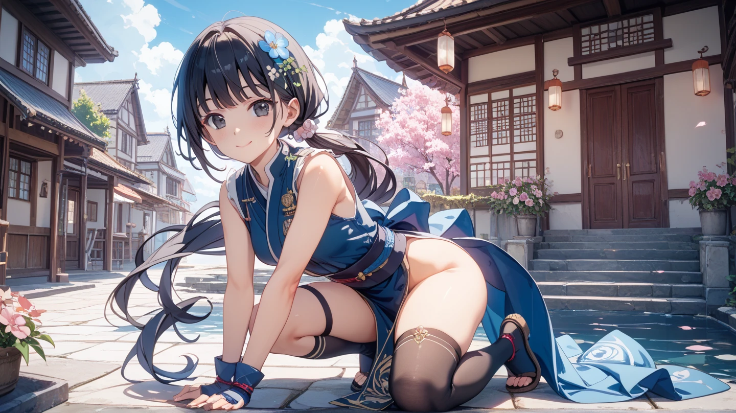 (top-quality、in 8K、32K、​masterpiece、nffsw、ighly detailed:1.2)、sideshot、Full body, blue open sky、Chinese towns、beauitful face、blurry backround、20-year-old beauty、shinny skin、black colored hair、Bun hair、Blue eyes、Chinese clothing、Floral hair ornament、raise arms、miscievous smile、thighs thighs thighs thighs、On all fours、PAW Pose、
