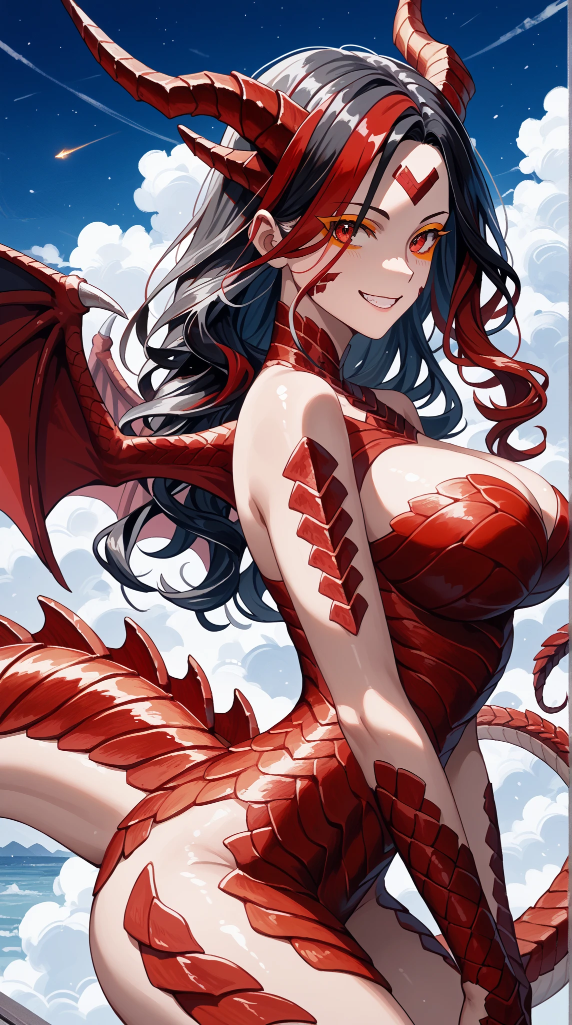 (masterpiece, best quality), 1lady, solo, (white Scales, scaly body), fallen angel, black hair, red eyes, (art by Adam Hughes, zdzislaw beksinski, dariusz zawadzki, giger, frank cho), (big breasts:1), (naked:1.3), (cameltoe:1)