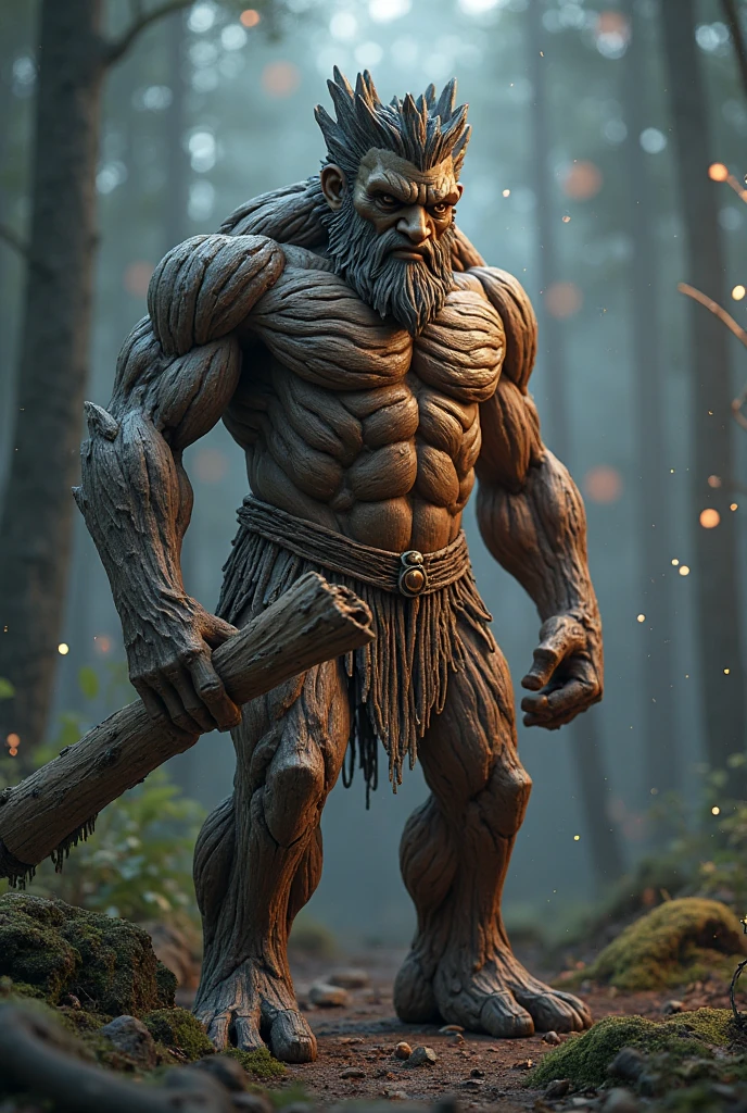 A legendary troll with the appearance of an orc, bulky body, gray rock skin with green moss in some parts and small plants sticking out of the skin, half-white eyes, with a tree trunk in his hands, his aggressive presence commands respect in a sinister full-body pose on the reference sheet.