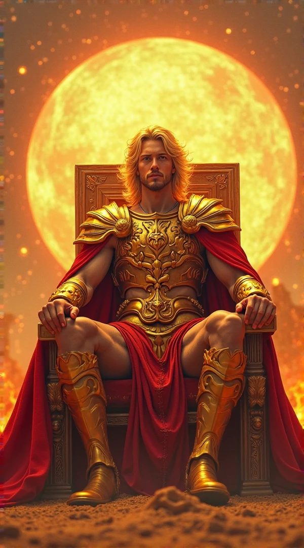(realistic, Masterpiece, detailed face, best quality, height, 4k), Fantasy art style, Imagine the astrological sign of Leo, the majestic Lion who embodies the great model who radiates confidence and power.. He sat on a huge throne., He had golden hair and wore only royal regalia., Express the essence of leadership and charisma., bare, big penis