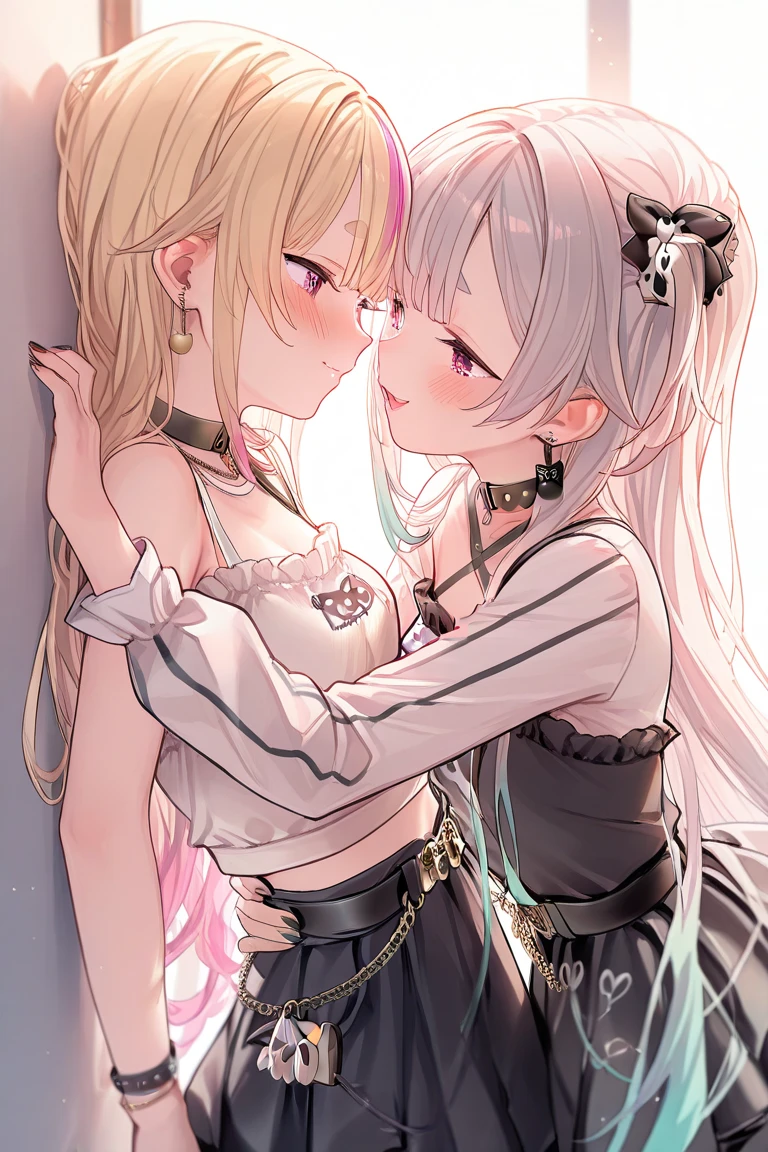 highly detailed skin, highly detailed face, (beautiful detailed eyes, red cheeks, smile), ((two girls hug each other and kiss)), The girls are cute 18 year old idols, ((no panties, Cute, thin pubic hair)), (Not wearing a bra, small breasts, cute nipples), idol costume, (light pink heeled shoes), white tights, short skirt, corset, Mr.々hair color, Mr.々hairstyle, cute hair ornament, earrings, bangle, on stage, be in the spotlight, ((Photographed from the front so that the girls&#39; whole bodies can be seen)),