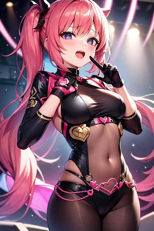 Extremely detailed and realistic CG, colorful, masterpiece, (Perfect Anatomy:1.3), Highest quality, One girl, alone, Imperial Redhead, Shiny Hair, Ridiculously long hair, Sideburns, Asymmetrical bangs, Red eyes, Shining Eyes, (Crazy Smile:1.2), (Wicked Smile:1.2), Sadistic smile, Grin, thin脚, Contrasting, Are standing, Tube top, Strapless, Shorts,  Open your mouth, , abdomen, belly button, Black jacket, Black military cap, Sticking out tongue, (Long Tongue:1.4), put your hand on the hat, Claw Pose, Stylish pose, Spotlight, Thigh straps, Fancy earrings, (tooth:1.2), Black elbow gloves, Movie angle, View your viewers, From above, Open Stance, latex, tight, thin,flat chest,twintail,thighhigh boots,dark purple background,deep shaded face,