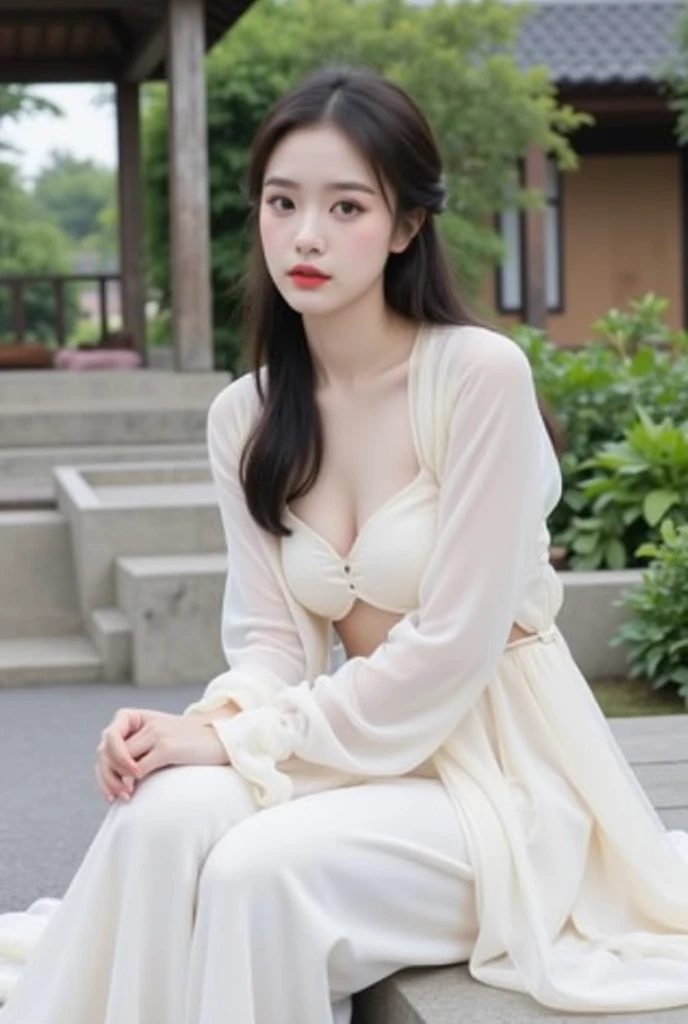 Draw a Ukrainian woman relaxing in the park。She has great style、I&#39;m wearing light clothing。