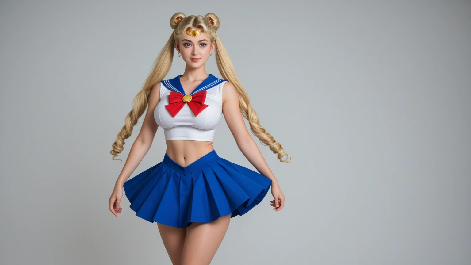 (best quality, highreashion Photoshoot, Sailor Moon, Usagi, Pretty Beautifully Mixed Japanese Blonde Babe, Long Blonde Twintails, Sailor Moon Costume Outfit, 90s Japanese City, (Full Shot:1.5), (front view:1.5), combining realism and beautiful anime influence, (full body), (fully cloth), (standing pose),