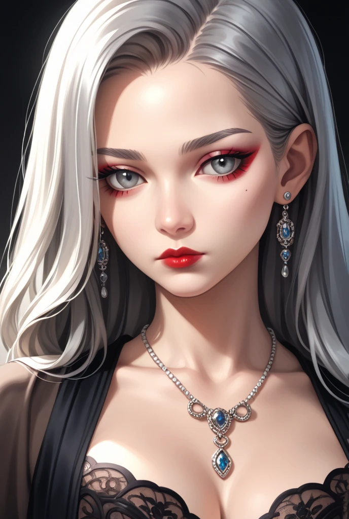 1 girl, solo, Jewel-like, White hair, Necklace, Red lips, Blue long hair, Lipstick, cosmetic, Upper part of the body, shut your mouth, 黑skirt,A little cleavage, clavicle, skirt,Dark Theme,Bad Girl,Shiny skin,(A lovely woman),Chic, Programming, nvinkpunk face close-up portrait (((inquirer))), Smooth and soft skin,blue pupils, Big and beautiful eyes, Beautiful and sophisticated hair dye, symmetry, Soft Lighting, Delicate face, Shen Haicheng, author:Stanley Artjem Liu, adequate, Ross, Concept Art, number, Looking up at the camera