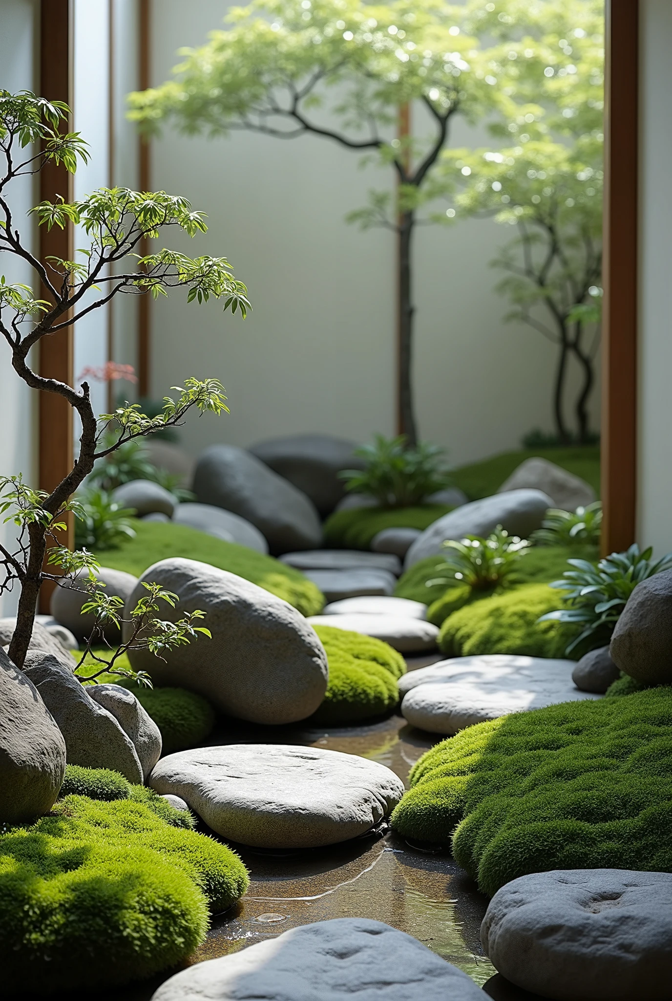 The image showcases a serene, indoor Japanese-inspired rock garden. It features large, natural stones artfully arranged among lush green moss and delicate plants, creating a tranquil and harmonious scene. Small trees with gracefully curving branches add a touch of elegance, and subtle lighting highlights the textures of the rocks and greenery. The garden is framed by minimalist walls, emphasizing its modern and meditative aesthetic. This composition exudes a sense of peace and balance, making it an ideal space for relaxation or contemplation.