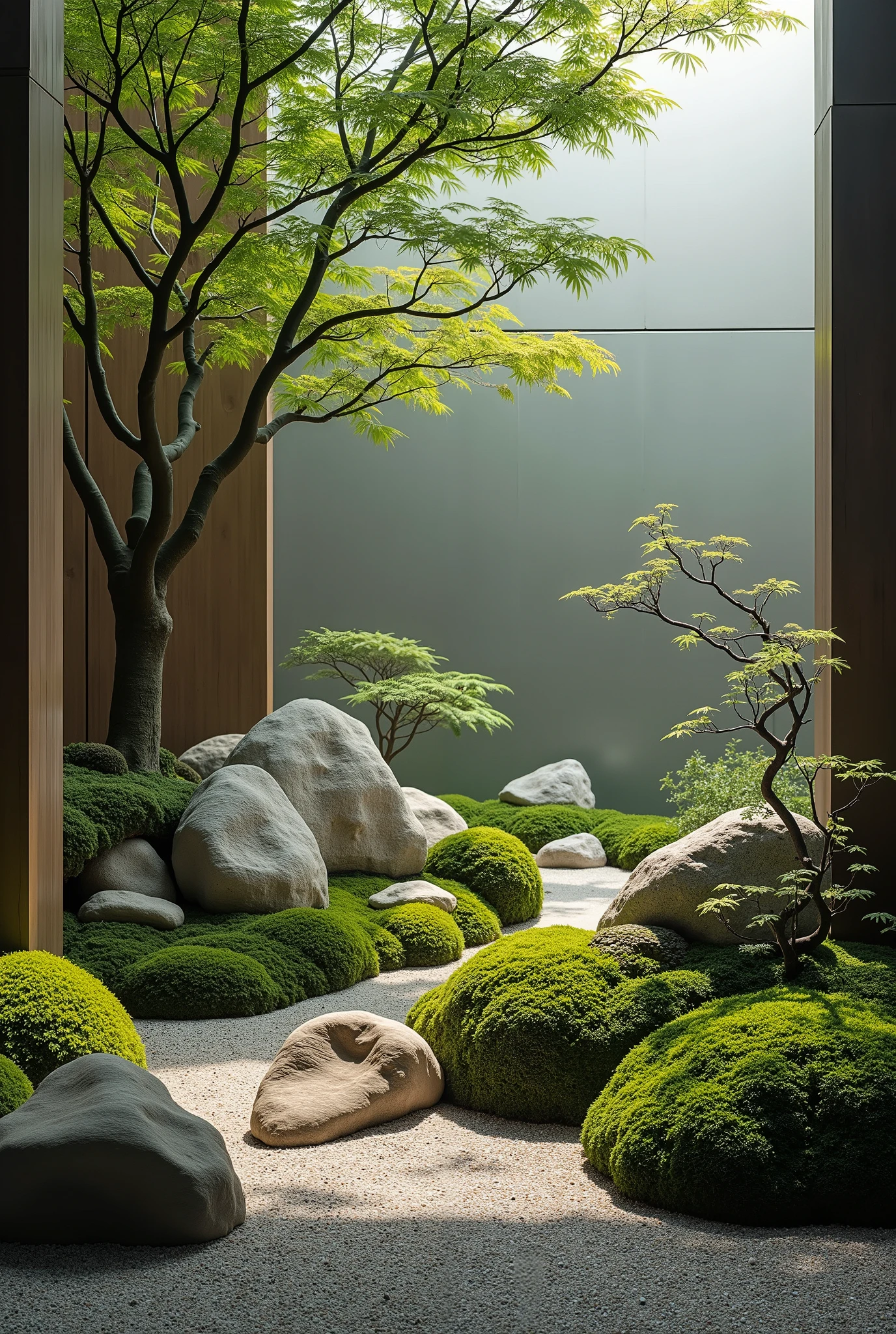 The image showcases a serene, indoor Japanese-inspired rock garden. It features large, natural stones artfully arranged among lush green moss and delicate plants, creating a tranquil and harmonious scene. Small trees with gracefully curving branches add a touch of elegance, and subtle lighting highlights the textures of the rocks and greenery. The garden is framed by minimalist walls, emphasizing its modern and meditative aesthetic. This composition exudes a sense of peace and balance, making it an ideal space for relaxation or contemplation.