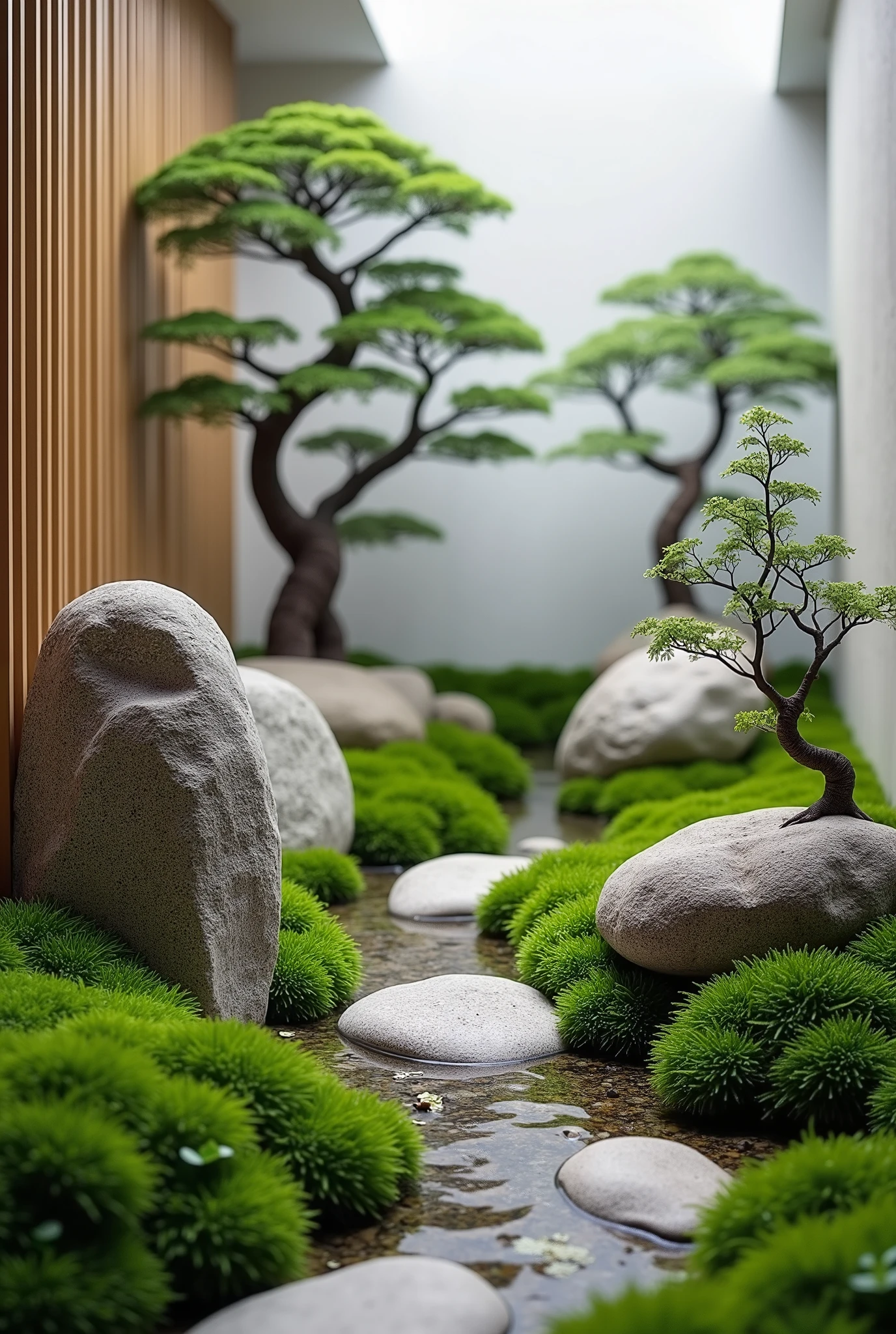 The image showcases a serene, indoor Japanese-inspired rock garden. It features large, natural stones artfully arranged among lush green moss and delicate plants, creating a tranquil and harmonious scene. Small trees with gracefully curving branches add a touch of elegance, and subtle lighting highlights the textures of the rocks and greenery. The garden is framed by minimalist walls, emphasizing its modern and meditative aesthetic. This composition exudes a sense of peace and balance, making it an ideal space for relaxation or contemplation.