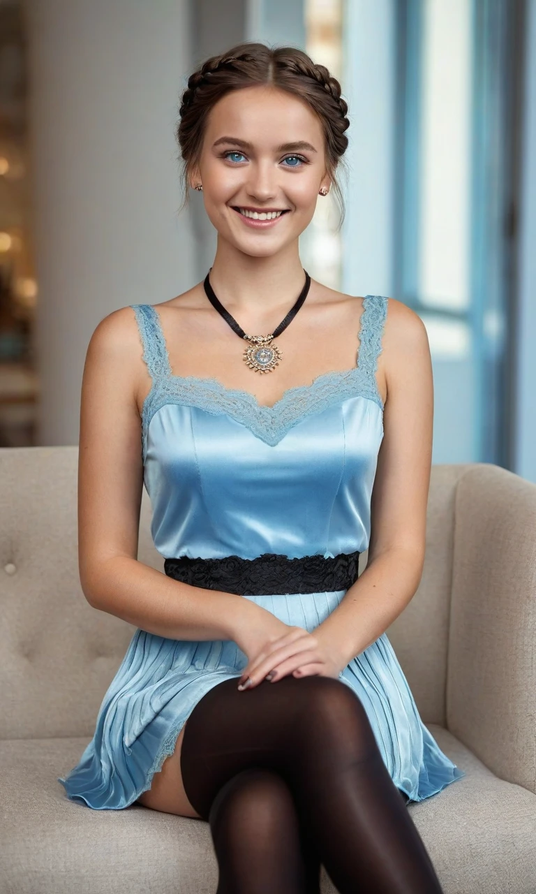 photo of (EPB3b4h4n-380:0.99), a woman, perfect blonde hair, posing, (selfie photo, Oversized white collared shirt worn off-the-shoulder, tucked into a pleated satin flared skirt with slingback pumps.), (Unexpected proposal in background:1.2),(closeup portrait), necklace, hoop earrings, 24mm, (Instagram Smartphone Filters), (cinematic, film grain:1.3), ((brilliant colour, gradient)), ((detailed eyes)), smiling, (epicPhoto)