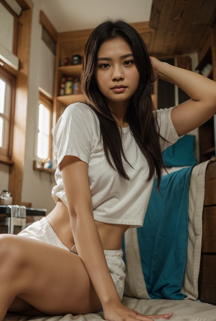 here there is an Indonesian woman sitting on the floor with a small uhd dirty candid photo, 30 year old woman, baby in her lap, leaked photo, good quality photo, sitting showing clearly panties,