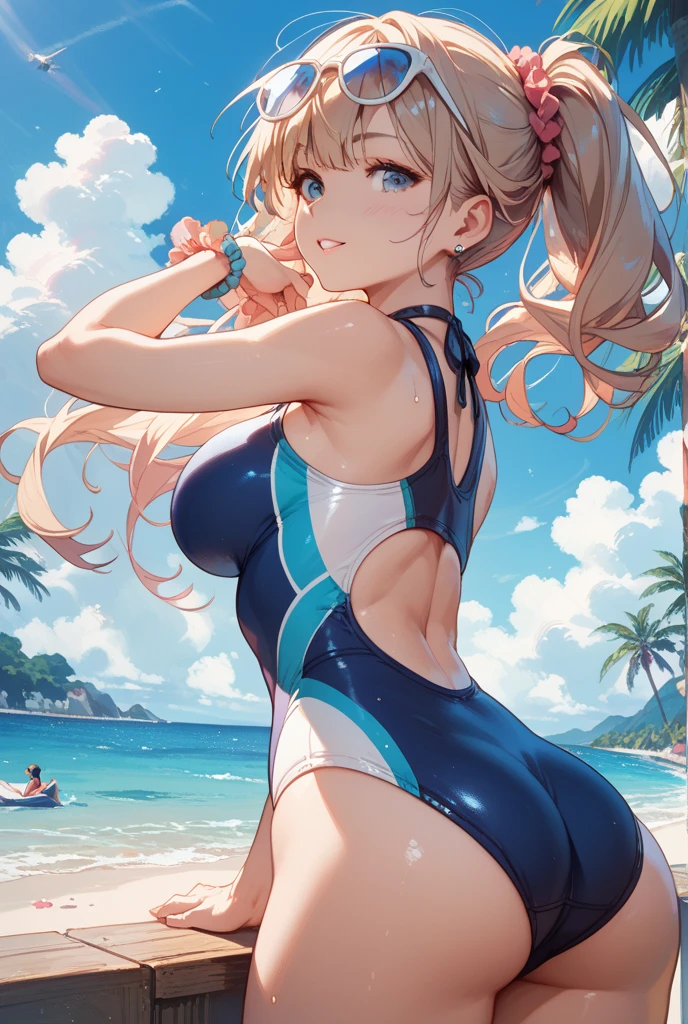 ((Best Quality)), (ultra-detailliert), ((Extremely detailed)), (Beautiful), ((Kawaii Girl)), ((UHD)), (masterpiece), (high quality), (best quality), (4K), (high quality), 1, solo woman, 1woman, ((platinum blond hair)), parted bangs, ((hair intakes)), long hair, (hair two side up long), ((jade colored eyes)), slanted eyes, large breasts, slender body, competition swimsuit, Pool Background, (blue sky:1.3), solar, sunlight, anime style