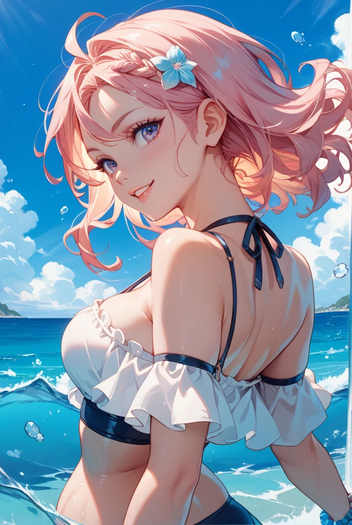(masterpiece,best quality,extremely detailed:1.4),ultra-detailed,absurdres,perfect anatomy,1girl,japanese,30yo,pink long hair,bangs,blue droopy eyes,cute,shy,Stylish bikini,black tight miniskirt,(lift:1.4),cleavage,hair ornaments,shallow sea,clear waters,water splash,(from below),Dynamic Angle,Glamorous Body,Nipple erection,Backlight,Curly hair,long hair,(((See-through,bikini)))