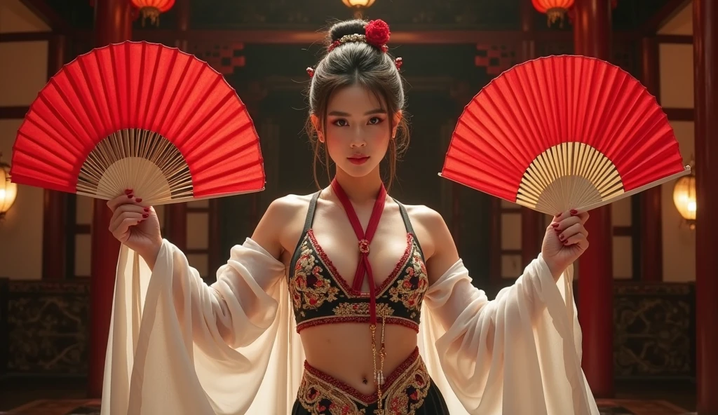 2 beauties, 1 Hanfu thin beauty, 1 bikini big-breasted beauty, 2 motorcycles, hot air balloon in the sky, clear sky, photography, aesthetics, high detail