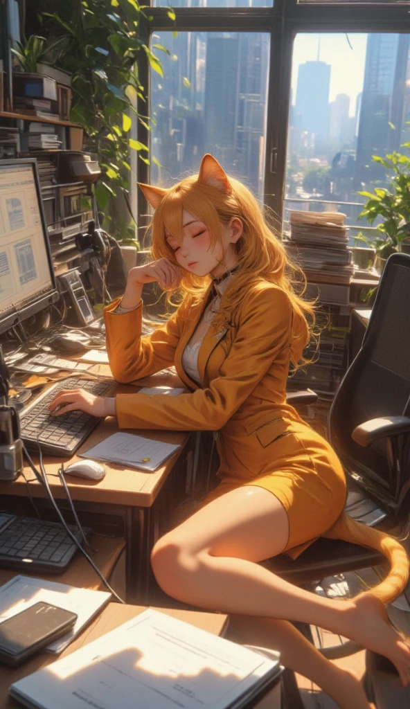 1girl, long golden hair, green eyes, floppy dog ears, slender body, black stockings,nude, sitting at the table, laptop on table