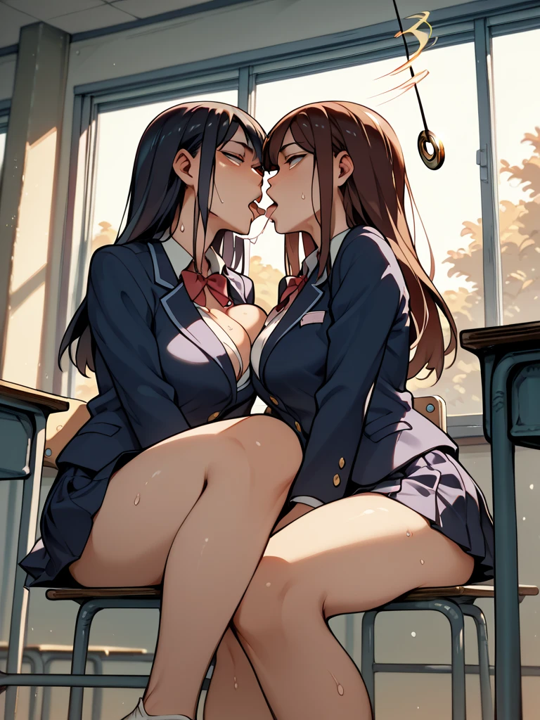 Lesbian (very long loose yellow hair)(big breasts, big thighs)(with school uniform clothes it is very tight) that he is kissing and touching his parts at school with his girlfriend(that they are in a very sexy and compromising position with their girlfriend(big breasts, big thighs)lesbian love