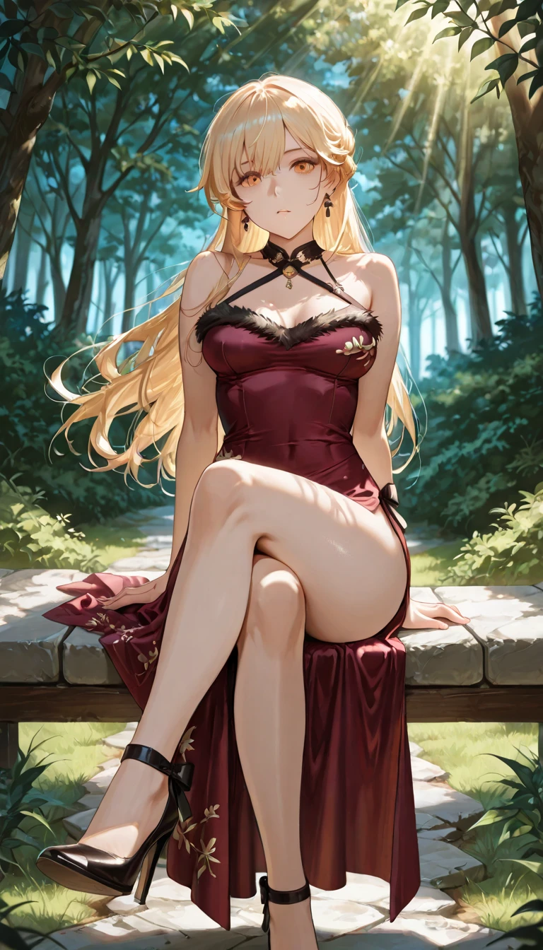 masterpiece, best quality, highres, kitagawa marin, 1girl, blonde hair, long hair, swept bangs, gradient hair, red eyes, jewelry, earrings, piercing, glossy lips, lips parted, short dress, cleavage, sandals, wizard staff, forest