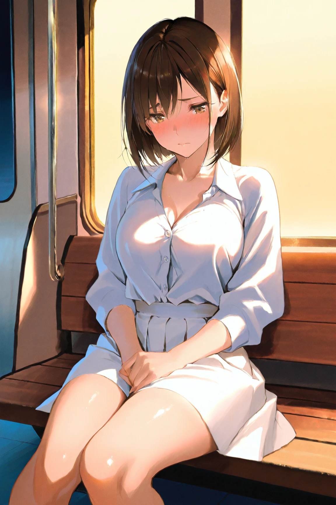 from the front、Full body image、sit in a train seat、Spread your legs、Lace panties、sneakers、Slender、short hair, Black Hair, Bobcut, bangs, blunt bangs, (Iris:1.3), Ahoge,
outdoors, sun, 雲
 looking at viewer, (Cowboy Shot:1.5),
 (masterpiece:1.2), Highest quality, High resolution, unity 8k wallpaper, (figure:0.8), (Beautiful attention to detail:1.6), Highly detailed face, Perfect lighting, Highly detailed CG, (Perfect hands, Perfect Anatomy),