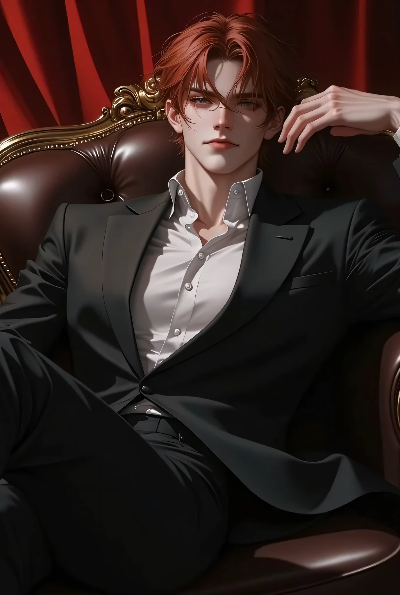 , young man, a handsome guy, handsome, strong looking, soft features, brown hair, blue eyes, Wearing a chic suit, rest, Leaning Back in Leather Chair, strong  gaze, grins,Seating , looks up at the audience, being stimulated, strong, , Redhead, intense expression, wanting more. , perfect  hand