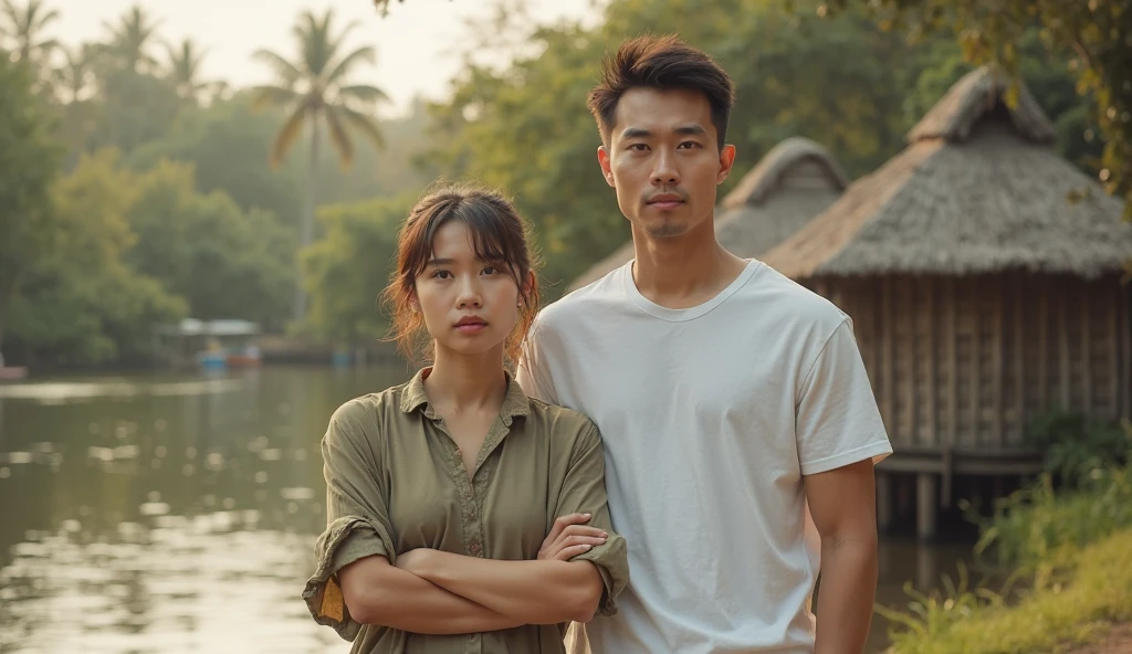 Real photos，There are 2 people in the photo，1 cute 18 year old Chinese girl，1 strong white man，They are close，Black man with his arm around Chinese girl，Chinese girls dress sexy
