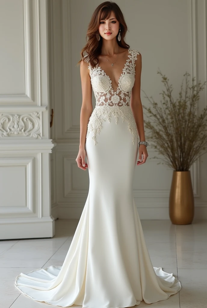Top quality, Masterpiece, hyper HD, (Photorealistic: 1.4), RAW photo,ultra realistic, 1girl,Fashion model, unique ballgown white wedding dress, long-sleeve style, oganza and lace fabric, full body, in white room with indoor decorative palm tree,stand upright and look straight, white wedding shoes