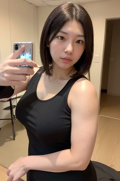 (8K, Raw photography, best quality, masterpiece, realisitic, photo-realsitic:1.6), clear, professional lighting, ultra high res,ultra detailed, 1 japanese married woman, 30-years-old, Balanced build, Curvy Body, (tiny Height:1.5), (Blunt Bangs:1.3), (medium log hair:1.2), Brown hair, medium breast, (round face:1.5), beautifull detailed face, (no-makeup look:1.5), Beautiful detailed skin, Skin Texture, captures (selfie:1.8) with a shy smile, embarrassed, blush, in kitchen, she wears (black:1.3) T-shirt.