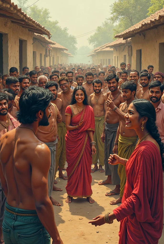 India girl, short hair, no blouse, tight jeans, transparent crop top, lying down, standing beneath 4 strong men topless in white caps and lungi