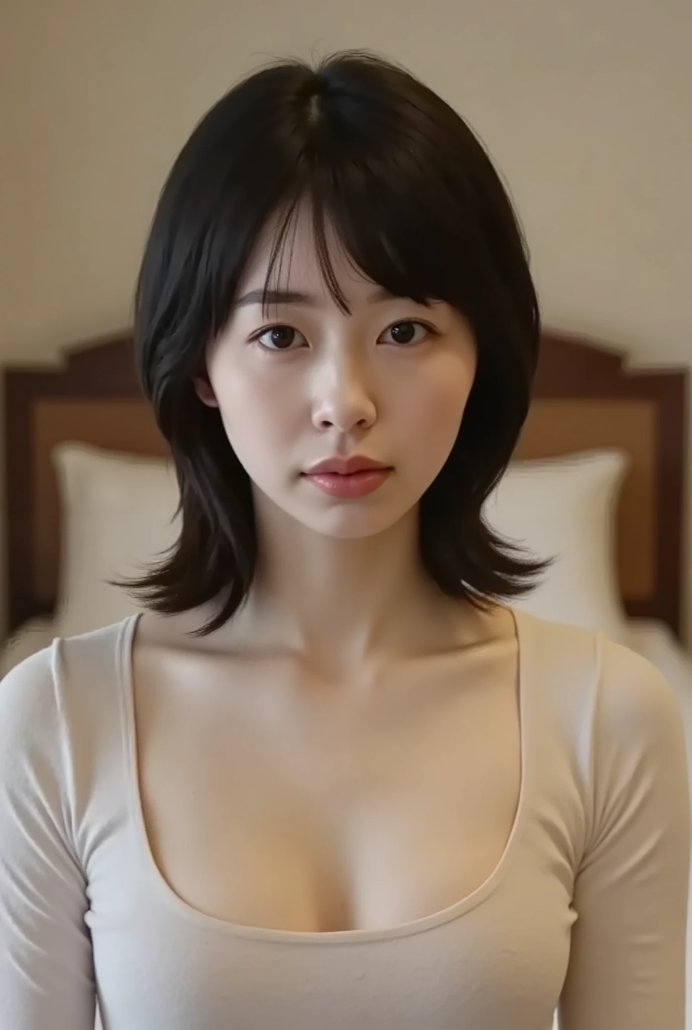 (( Best Quality , 8K)), ((masterpiece)), ( details), Japanese, first person view ,1 girl, sexy,( in the bedroom),((( abnormally large breasts , completely naked, beautiful breasts, short bob hair))), black hair , (( without makeup, small eyes))