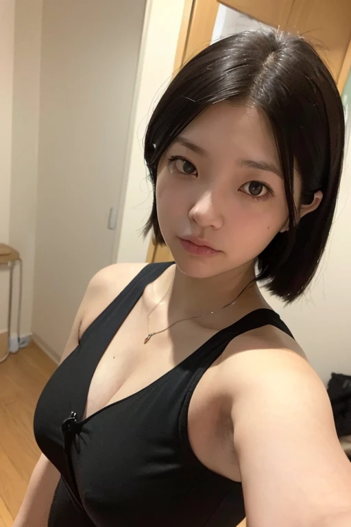 Highest quality,masterpiece,Ultra-high resolution,(Realistic:1.4),Beautiful lighting, (Highly detailed CG Unity 8k wallpaper), Beautiful face in every detail,Detailed clothing, 50mm portrait photography, No background、One Girl,Big black eyes, cute, young, stop temporarily, Facial Lighting, Physically Based Rendering,Written boundary depth , Black Hair, (short hair), ((Take from above)), Japanese women、20-year-old、Navy blue polo shirt、(Big Breasts)、(Upper Body)、Beautiful young woman taking a selfie, Taken with iPhone camera、In front of a white wall