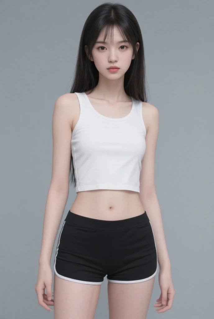 a beautiful young 18-year-old girl, extremely detailed eyes and face, long eyelashes, beautiful big eyes, beautiful lips, beautiful slim waist, very slim figure, sweaty, wet clothes, black shorts, white wall, black bralette, RAW photography, 8k high resolution, cinematic lighting, photorealistic, hyper detailed, masterpiece, professional photographer