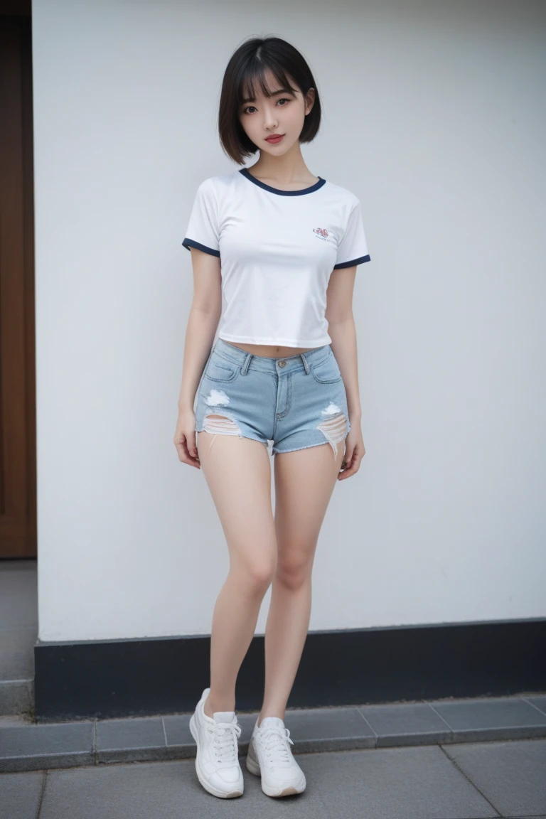 The beauty of 8K raw photos:2.0, Japanese woman, short hair, 18 years old, great face and dark eyes, looking down, looking at the viewer:1.5, big smile, tongue out, show the tongue, wet hair, show the crotch, spread the legs wide, show your cameltoe:1.2, tiny top, (denim shorts, white shirt:1.2), shinny skin, realistic:1.9, very detailed, cross-legged, cowboy shot from bottom:1.2, High resolution RAW color photos, professional photos, Taken at the studio, plain wallpaper, girl sexy portrait
