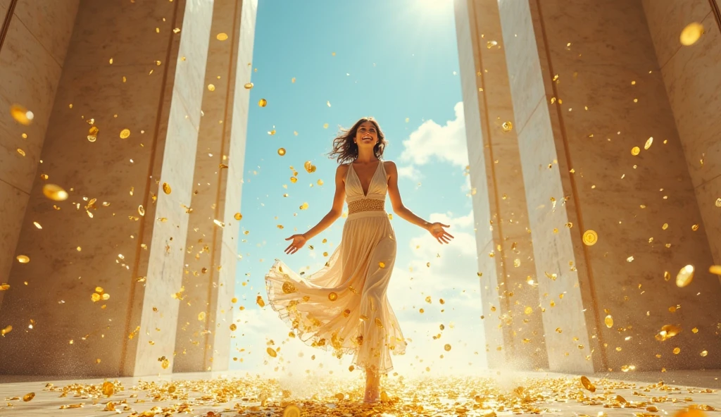 a woman celebrating victory on top of a monument's steps